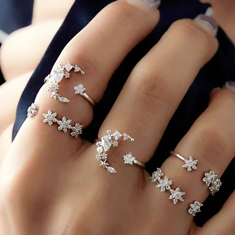 

Exquisite Female Rings Star Moon Irregular Geometric Crystal Silver Ring Set Women Fashion Charm Engagement Party Jewelry