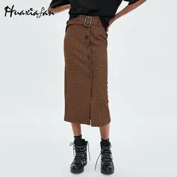 Huaxiafan Винтаж плед Миди-юбки для Для женщин Высокая талия юбка-карандаш 2018 с поясами школьница корейской моды юбки Для женщин s