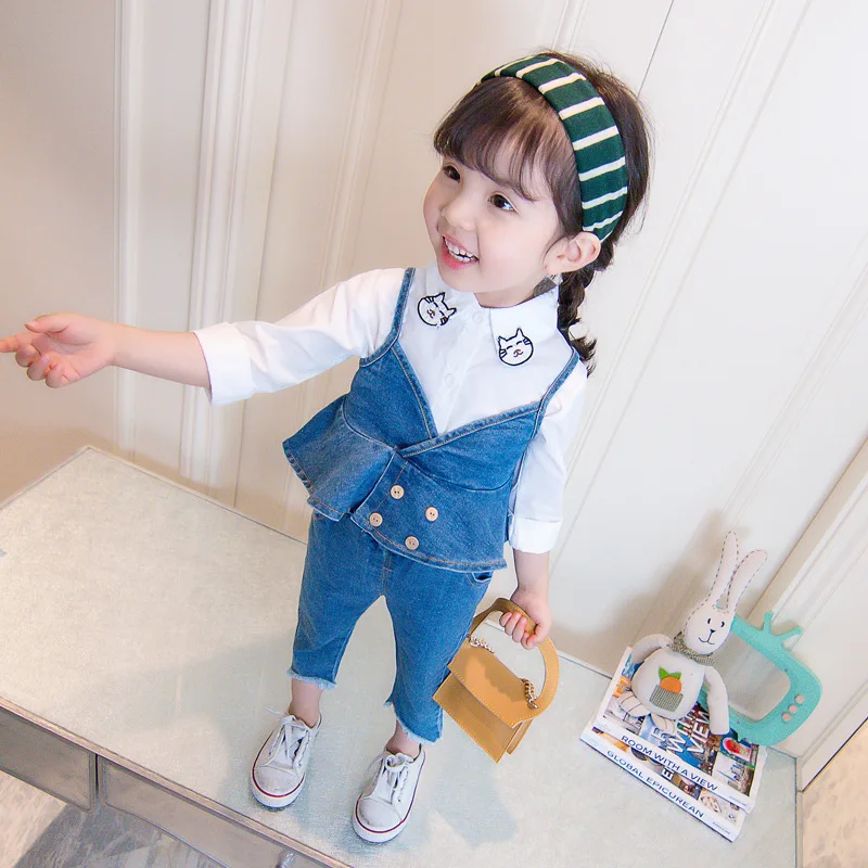 3 Pcs/set Girls Cotton Long Sleeve T Shirt Casual Denim Pants Little