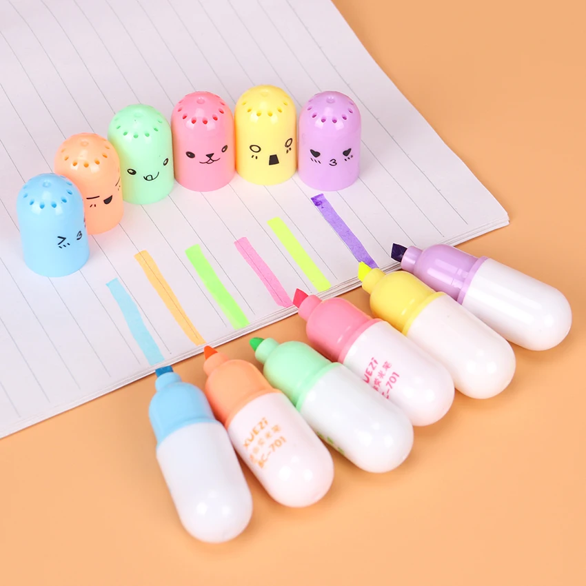 6 шт. милые мини таблетки хайлайтер творческий прекрасный улыбающееся лицо маркировка ручка для детей подарок канцелярские принадлежности