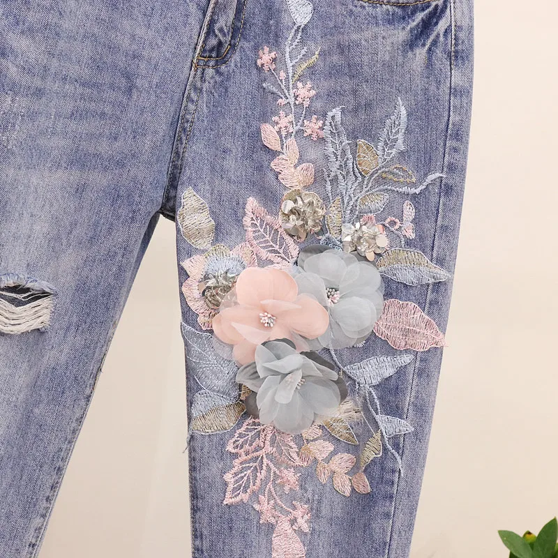 Amolapha для женщин вышивка 3D цветок блесток хлопковая футболка+ середины укороченные джинсы Twinset до середины икры джинсы 2 шт. костюмы