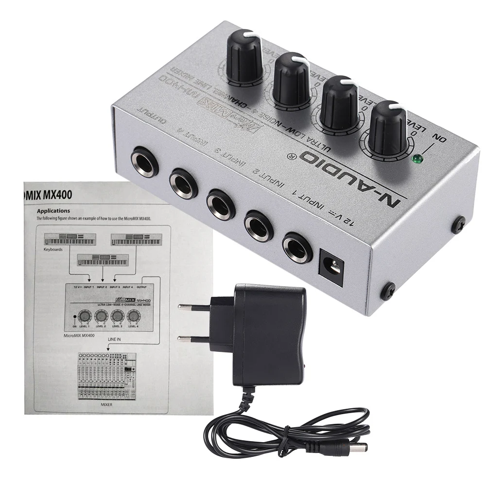 

MX400 Ultra-compact Low Noise 4 Channels Line Mono Audio Mixer with Power Adapter microphone mixer