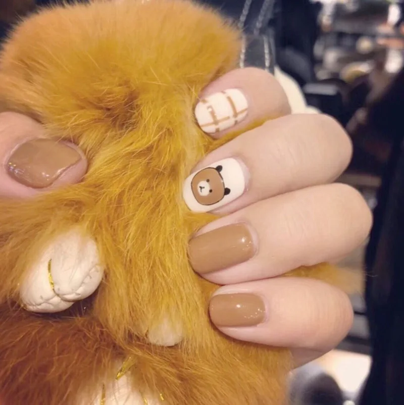 

New 24pieces Super Cute Bear Bear 3D Acrylic Classical Plastic Art Short Fake false Sticker Nail Tips Free Glue Gel [N311]