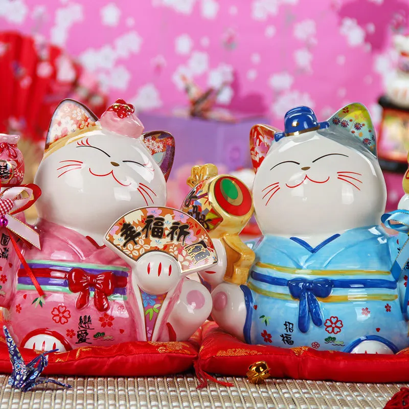 Одна пара Керамика Lucky Cat Большой орнамент пара Копилка синий розовый удачи украшения свадебный подарок - Цвет: One Pair