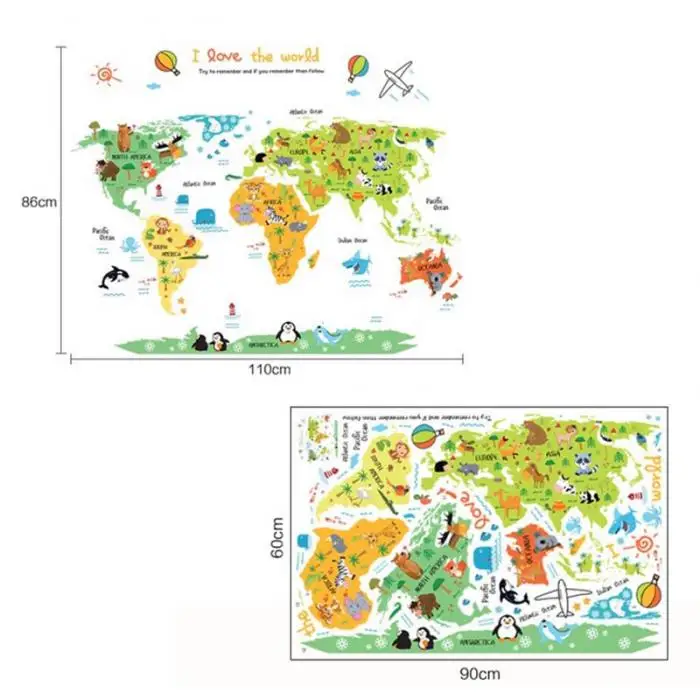 Cartoon Safari Animals World Map Nursery Wall Stickers for Kids Room Decoration Letters Global Maps E2S