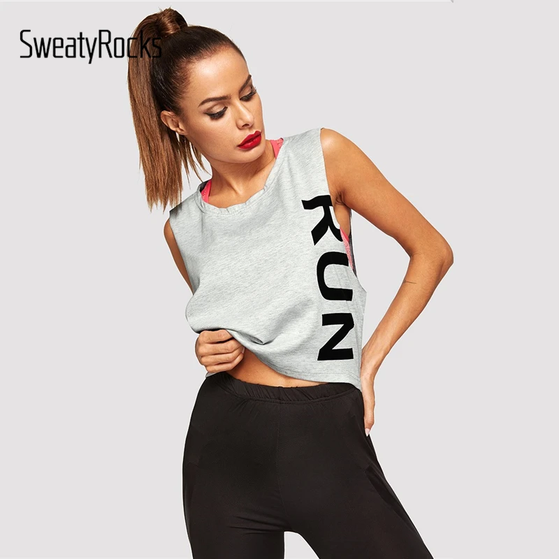 

SweatyRocks Grey Letter Print Activewear Fashion Tank Top Women Summer Sleeveless Vest Round Neck Athleisure Casual Tank