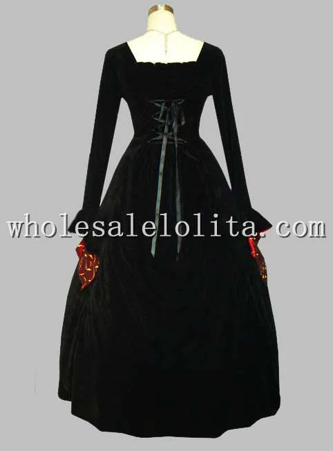 В готическом стиле, черный и красный цвета тайский шелк в викторианском стиле платье эпохи с желтыми листьями Платье с принтом