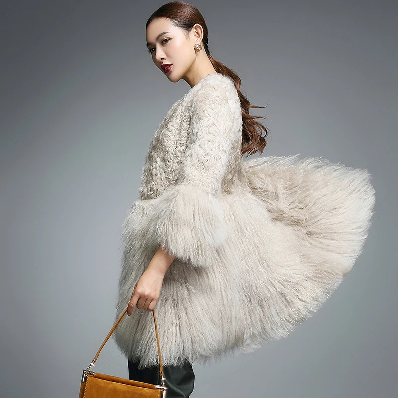 Real Fur Coat for Women Natural Lamb Fur with Mongolia Sheep Fur Coats rf0093B