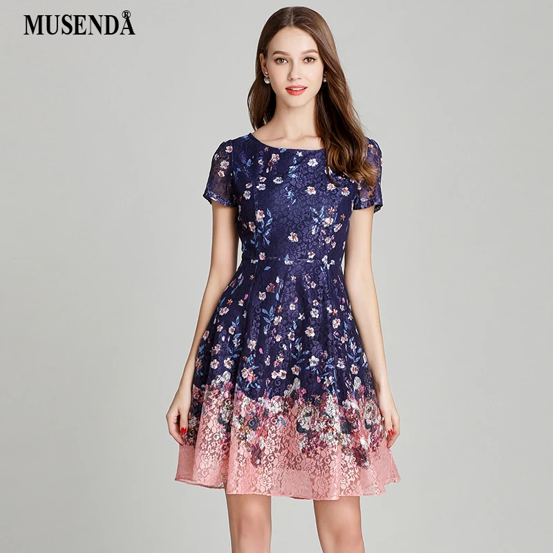 

MUSENDA Plus Size Women Elegant Lace Floral Print Tunic Slim Dress New 2018 Summer Sundress Female Ladies Vintage Party Dresses