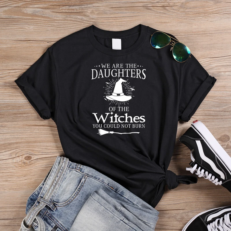 ONSEME/футболка с надписью «We Are The daughers Of The Witches» женские футболки на Хеллоуин базовые хлопковые футболки Harajuku, Графический Топ с изображением ведьмы