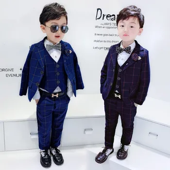

New 2019 Spring Plaid Blazer+Vest+Pant Boys Suits 3pcs for Wedding Gentleman Boys Dresses Suit Kids Clothing Sets