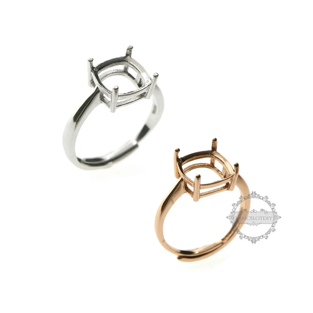 

5-15mm rose gold silver square Gems CZ stone prong setting 925 sterling silver bezel tray DIY adjustable ring settings 1294106