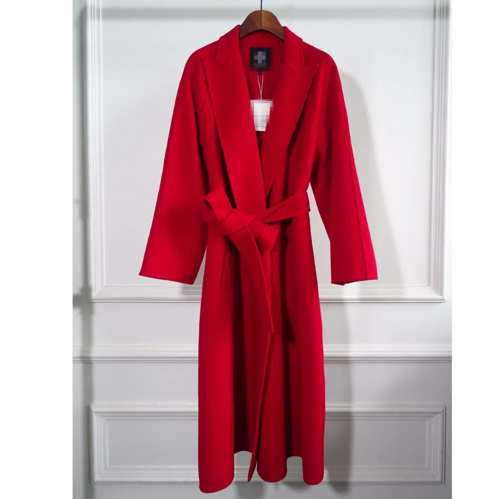 Зимнее модное кашемировое шерстяное пальто красное женское винтажное длинное шерстяное пальто с отложным воротником и поясом