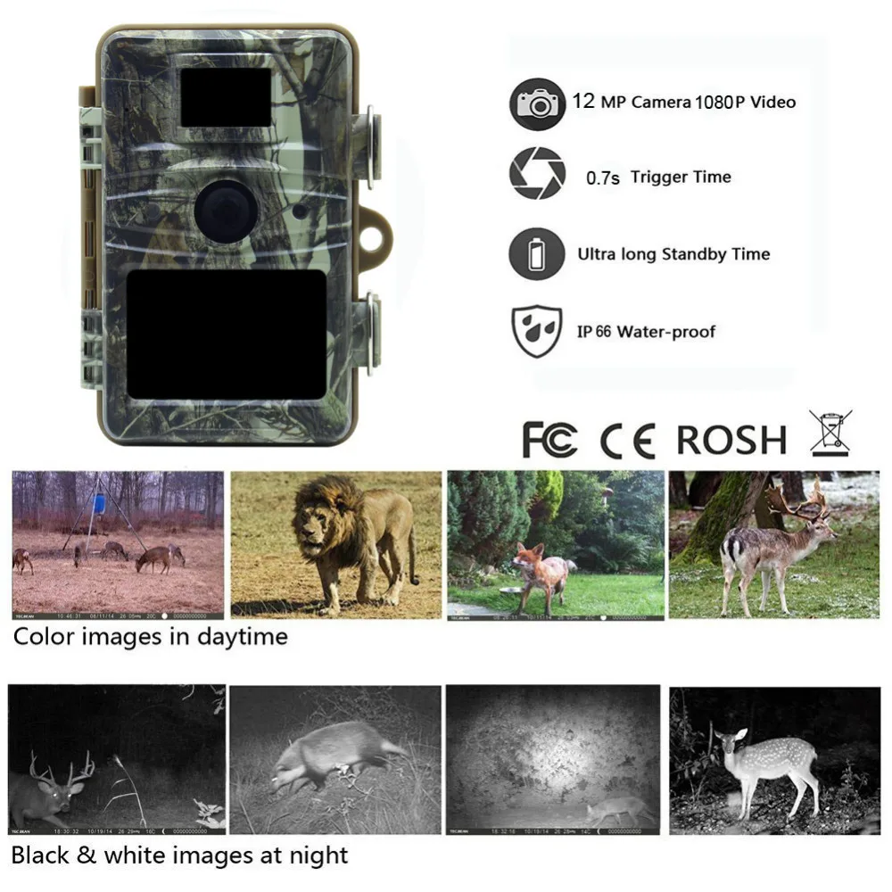 Tensdarcam Дикая Охота Камера HD 12MP фото ловушка Ночное видение Водонепроницаемый IP66 цифровой Hunter Трейл Cam перекодировщик RD1005