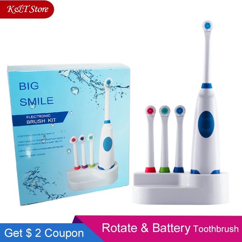  Rotation Battery Electric Toothbrush 4 pcs Replacement Soft Brush Head Revolving Teeth Electric Bru