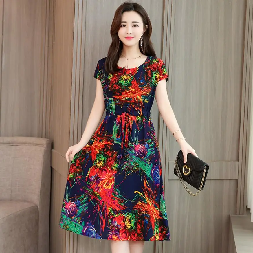 

New 2019 Women Summer Dress Middle-aged Plus Size 5XL Loose Mother Elegant Short Sleeve Dress O-neck Flower Print Cotton Dress
