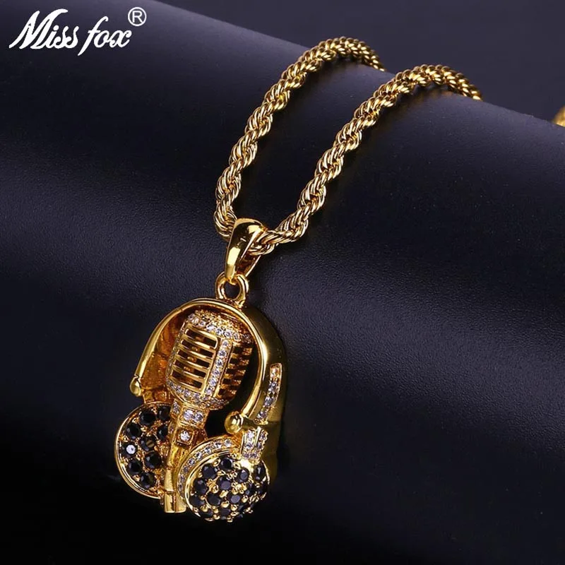 

MISSFOX Hip Hop The Voice Of Black Headset And Pure Microphone Men Charm Pendant AAA Cubic Zirconia With Gold Necklace Chain