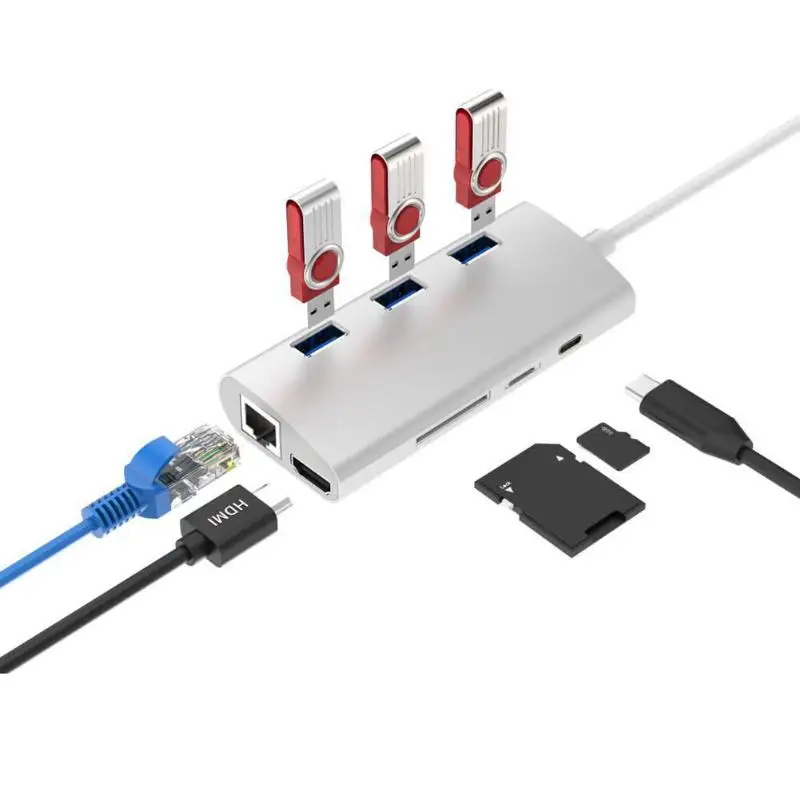 8 в 1 Тип-C адаптер Тип C к HDMI RJ45 PD USB3.0 концентратор-картридер кабель