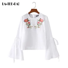 La-Tee-Da!2017 New Embroidery Flower Blouses Women Embroidery Butterfly Shirts Lady Fashion Buttons Bandage OL Vestidos Female