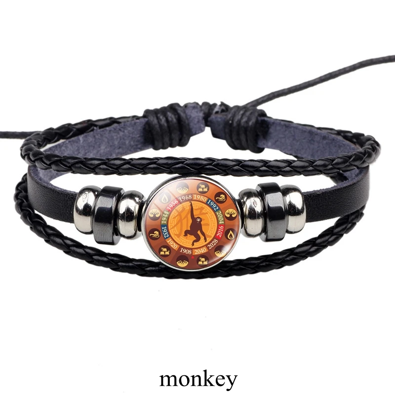 12 Китайский стиль Зодиака Животные крыса змея Дракон Браслеты «Собака» винтажный черный кожаный браслет для мужчин и женщин подарок на день рождения - Окраска металла: monkey