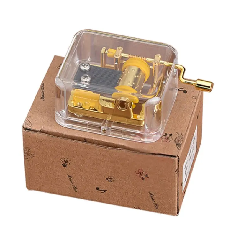 Castle In The Sky/Let It Go/You Are My Sunshine 18 note Acrylic Clear Gold Hand Cranked Gurdy Musical Mechanism Music Box