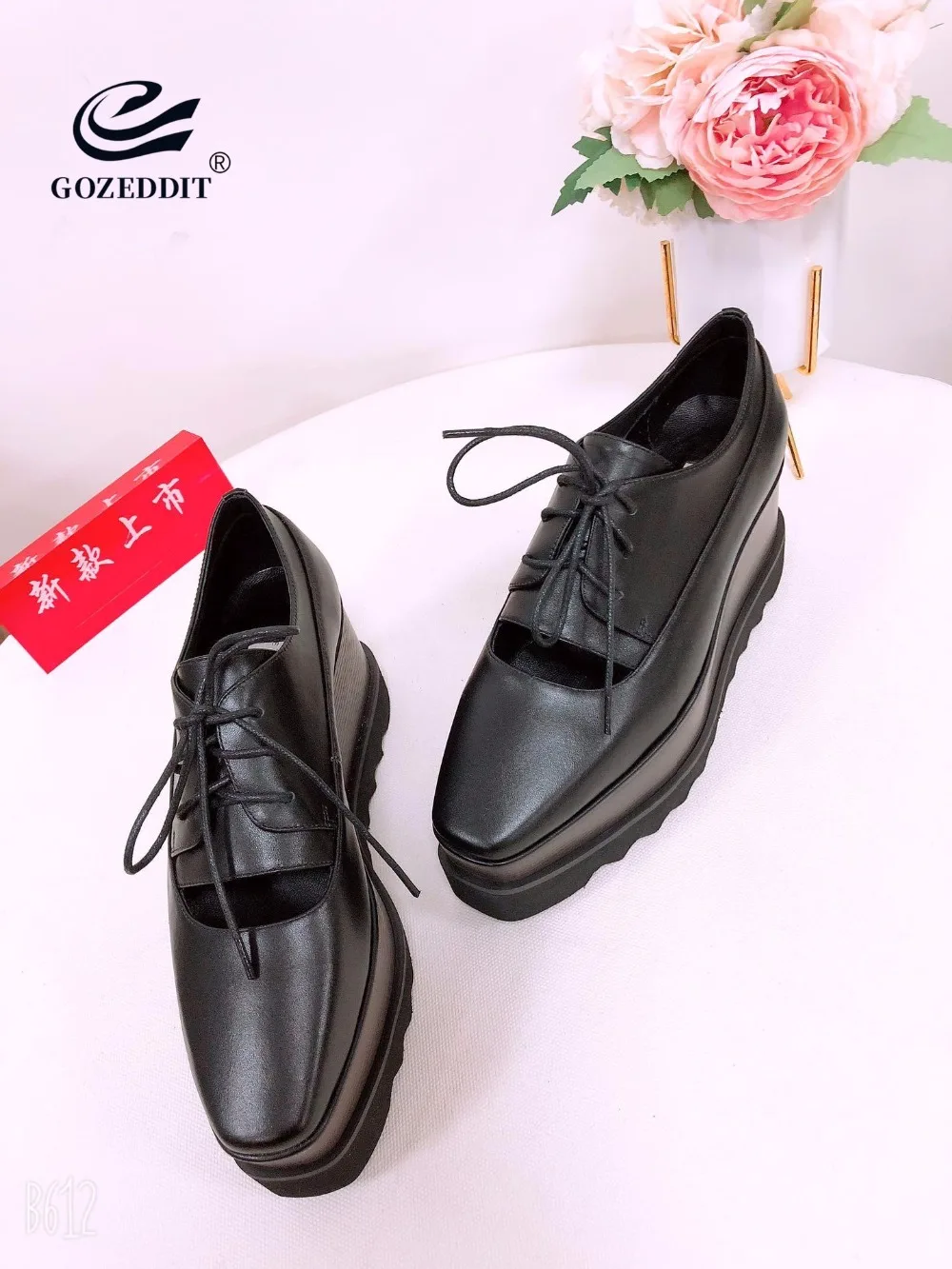 

GOZEDDIT Hollow Cow Leather Shoe Women Fashion Wedges Shoes Lace-up Zapatos De Mujer