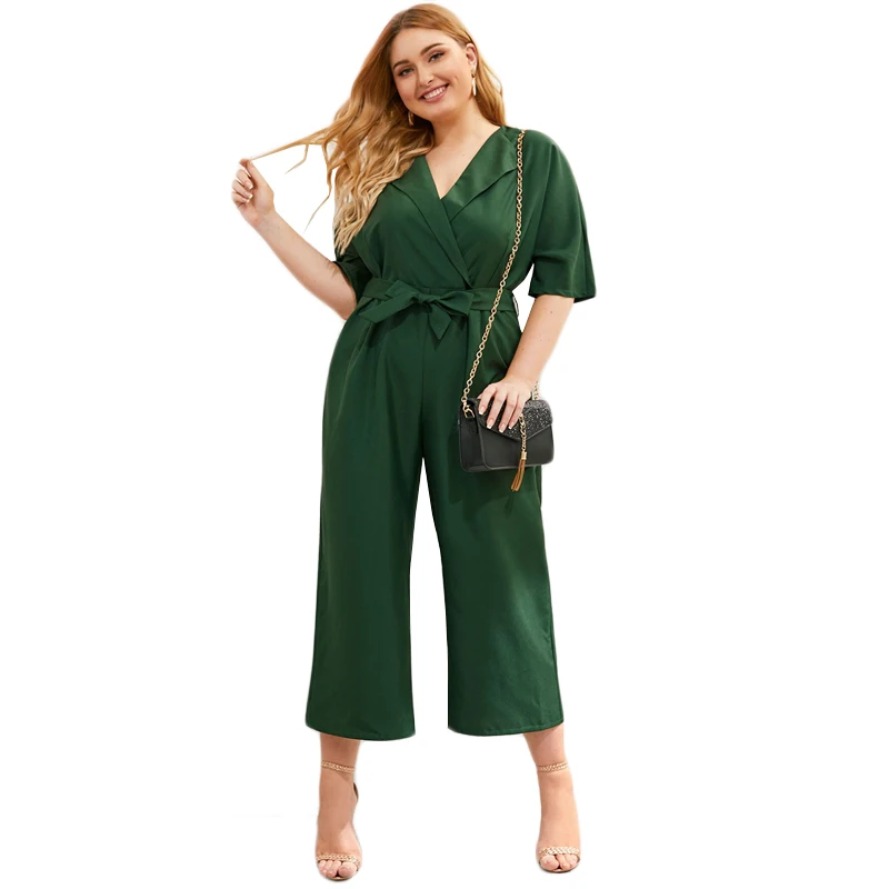 Sheinside Plus Size Green V Neck Wide Leg Jumpsuit Women Summer Zip Back Jumpsuits Office Ladies Solid Half Sleeve Jumpsuit