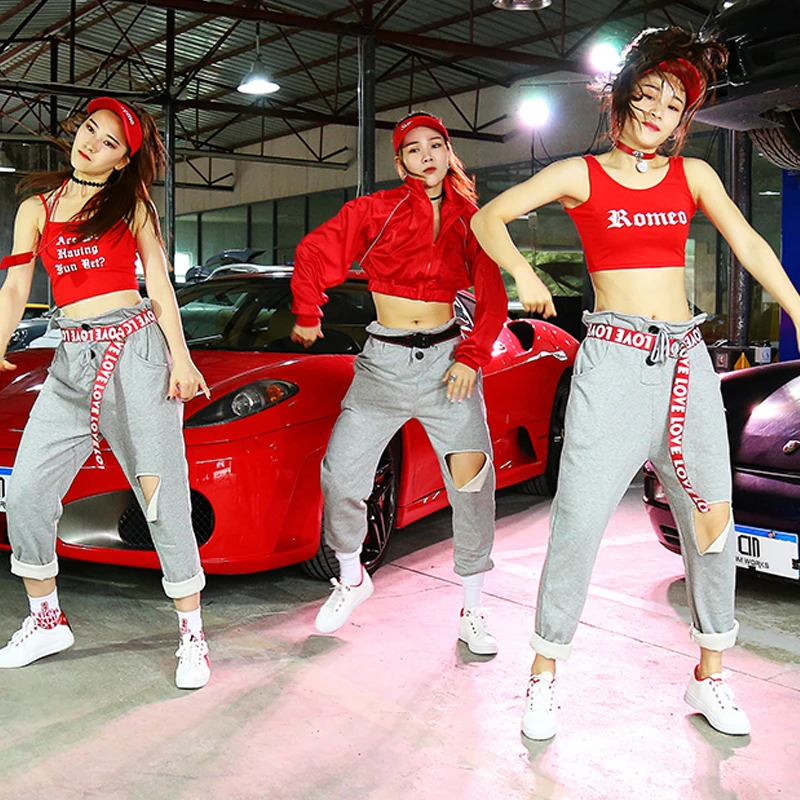 

Sexy Stage Costume Women Red Tops Jeans Nightclub Dj Ds Lady Cheerleading Street Dance Performance Clothing Female Wears DT1040