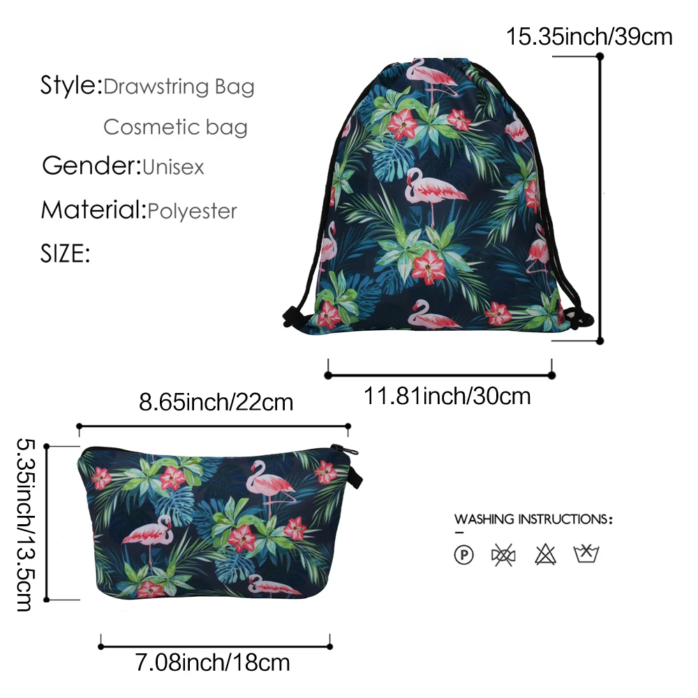FCCEXIO New 2PCS/Set Drawstring Bags 3D Printed Flamingo Fashion Schoolbags Travel Bag School Backpack Street Shoulder Bags