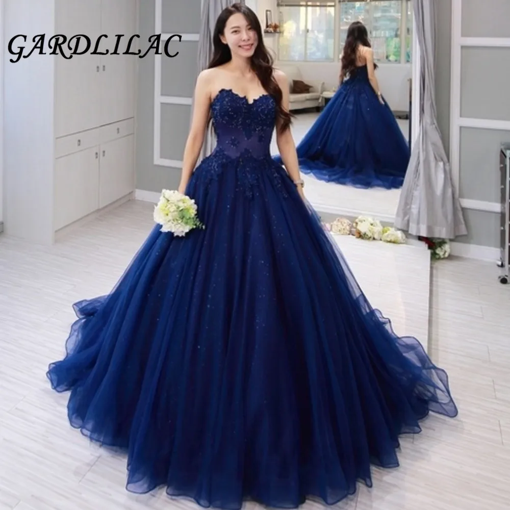 Sweetheart Navy Blue Evening Dress Long Ball Gown prom dress Applique Beading tulle formal party Gowns vestido de festa