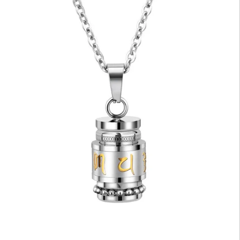 Stainless Steel Buddhism Six Words Rotatable Necklace Women Men OM Mantra Prayer Wheel Mantra Bottle Urn Pendant Necklace