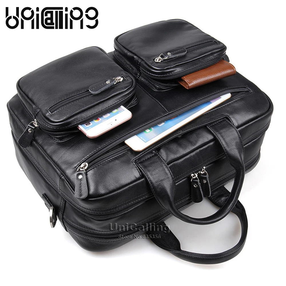 

Brand men bag genuine leather handbag with 2 external trendy zipper pockets multiple layers space men leather shoulder bag