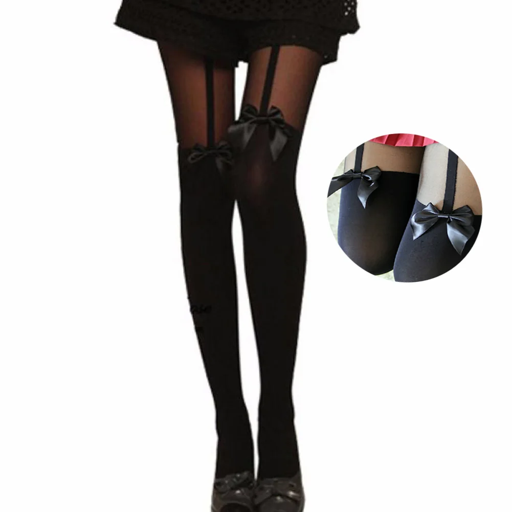 1 Pair Sling Fake High Stockings Cute Bow Strap Stockings Knee Sexy Thin Stocking Thigh Long