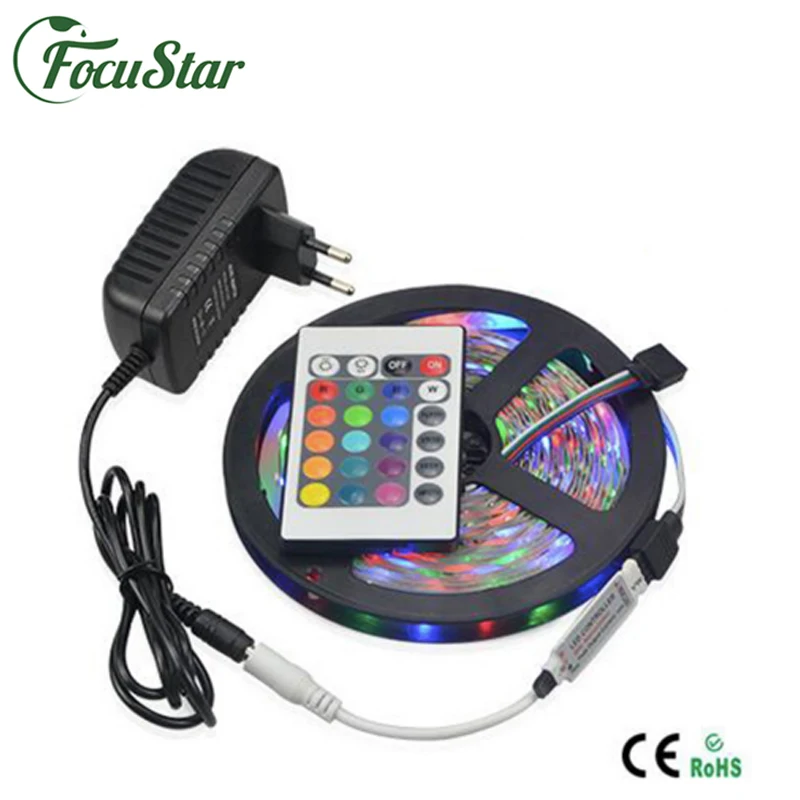 

10set/lot 5M SMD 3528 RGB Flexible LED Strip light 60LEDs / M + 24Key IR Remote Controller + DC 12V 3A Power Adapter EU/US Plug