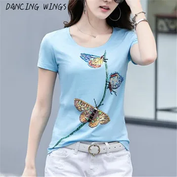 

Fashion T shirt Women Cotton Tees Top 2020 Summer Beading Butterfly Print T shirt Women Plus Size