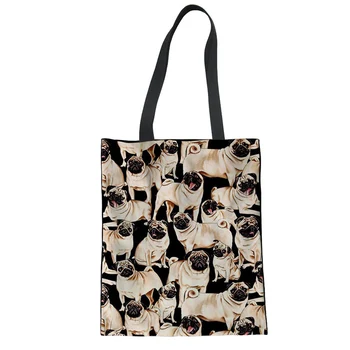 

THIKIN 3D Pug Dogs Pattern Design Shoulder Bag Women Large Capacity Canvas Handbag for Women Reusable Foldable Shopping Bag