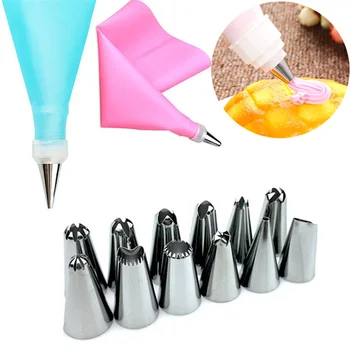 

12Pcs Cake Nozzles Set Cake Decorating Tools Baking Tips+1 Pc Silicone Icing Piping Cream Pastry Bag+1 Converter