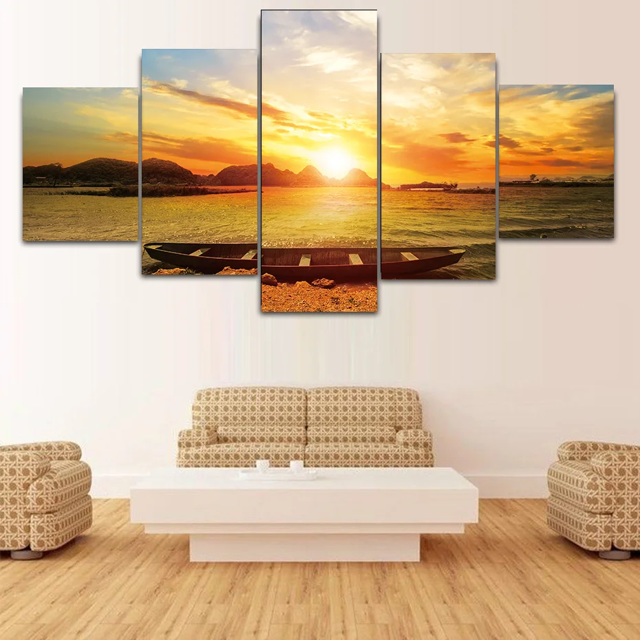 Modular Modern Landscape Posters Prints 5 Piece Sunset Lake Canvas ...