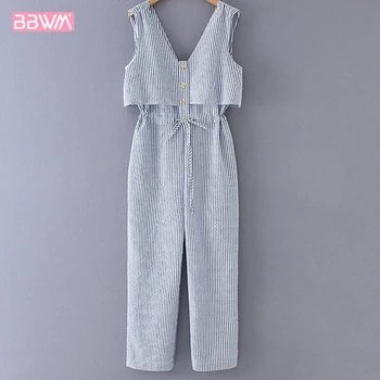 

2019 summer new V-neck button button striped female jumpsuit Sleeveless elegant temperament women jumpsuit