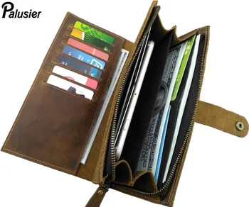 

Large Capacity Men Genuine Leather Wallet Retro Crazy Horse Cowhide Long Purse Card Holder Cash Slot Zipper Cell Phone Pocket