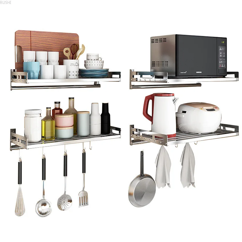  304 Stainless Steel Kitchen Rack Wall-mounted Microwave Oven Rack Wall Hanging Storage Shelf Season - 33034661574