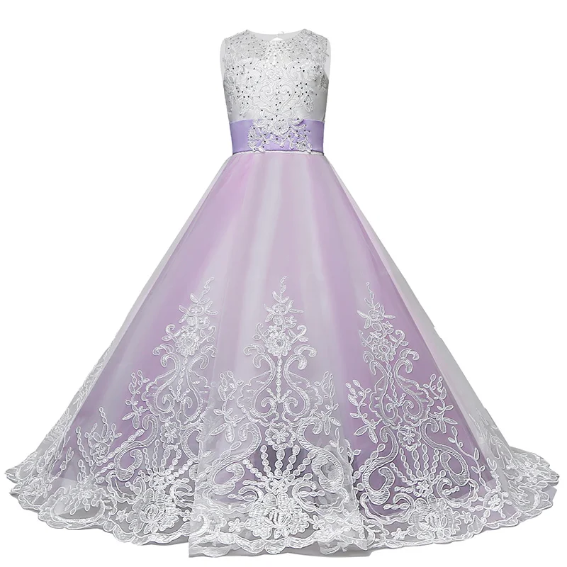 Платья без рукавов с цветочной вышивкой для девочек от 6 до 14 лет, платья для свадебной вечеринки, дня рождения, выпускного вечера, новогодний костюм, Детские платья для девочек, одежда - Цвет: Purple