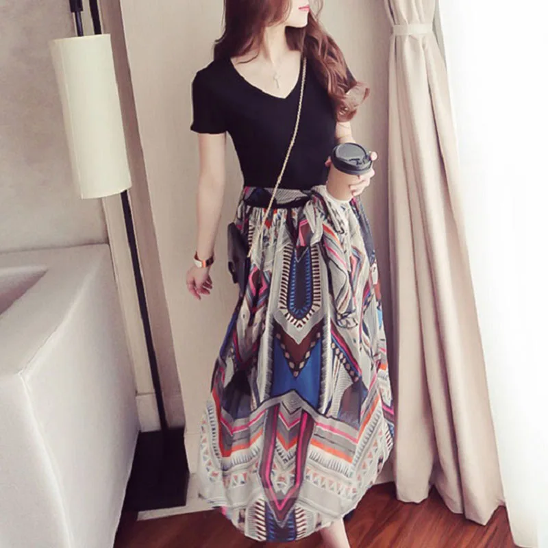 

Summer Women Dress Plus size 2xl 3xl Chiffon V Neck High Waist Party Slim Summer Tunic Long Maxi boho Dress