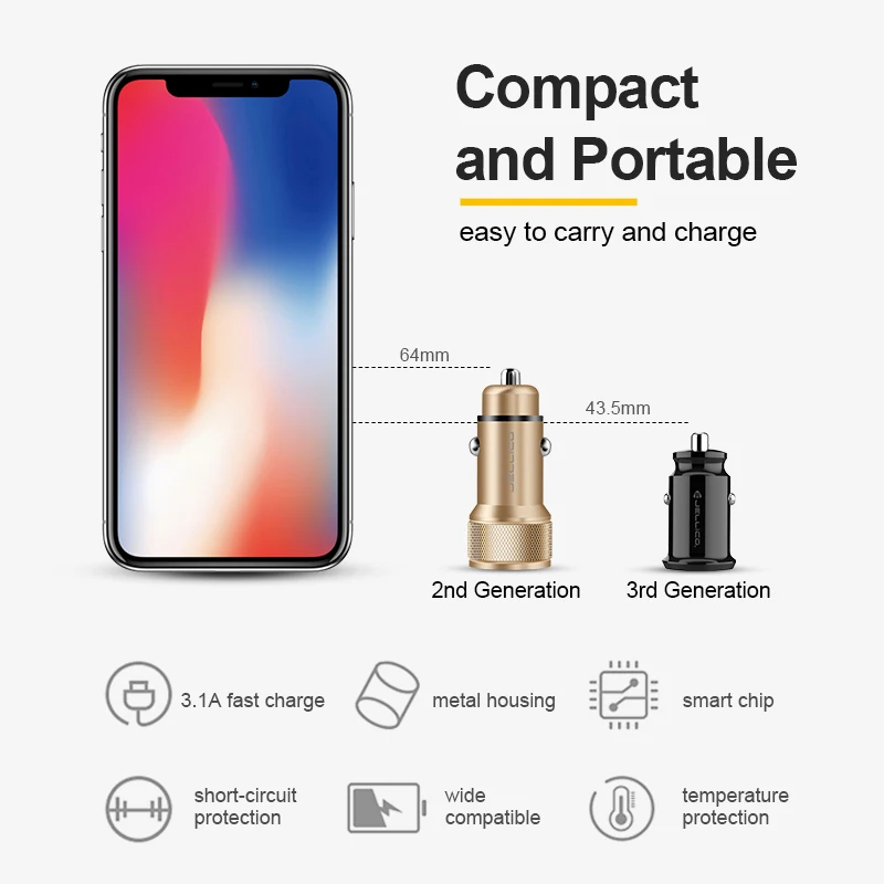 Jellico JN31 المزدوج USB البسيطة شاحن سيارة 5 V/3.1A سريع شحن الهاتف شاحن آيفون Xiaomi سامسونج هواوي الهاتف المحمول شاحن