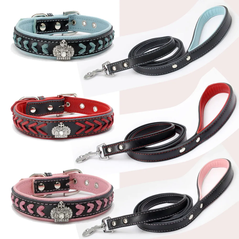 New Rhinestone Crown Knit Leather Pet Collar Creative Unusual Dog