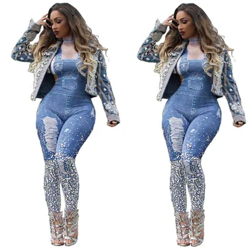 

Women Fashion Sexy Plus Size Print Jeans Rompers Strap Pocket Denim Casual Loose Jumpsuit Long Pants