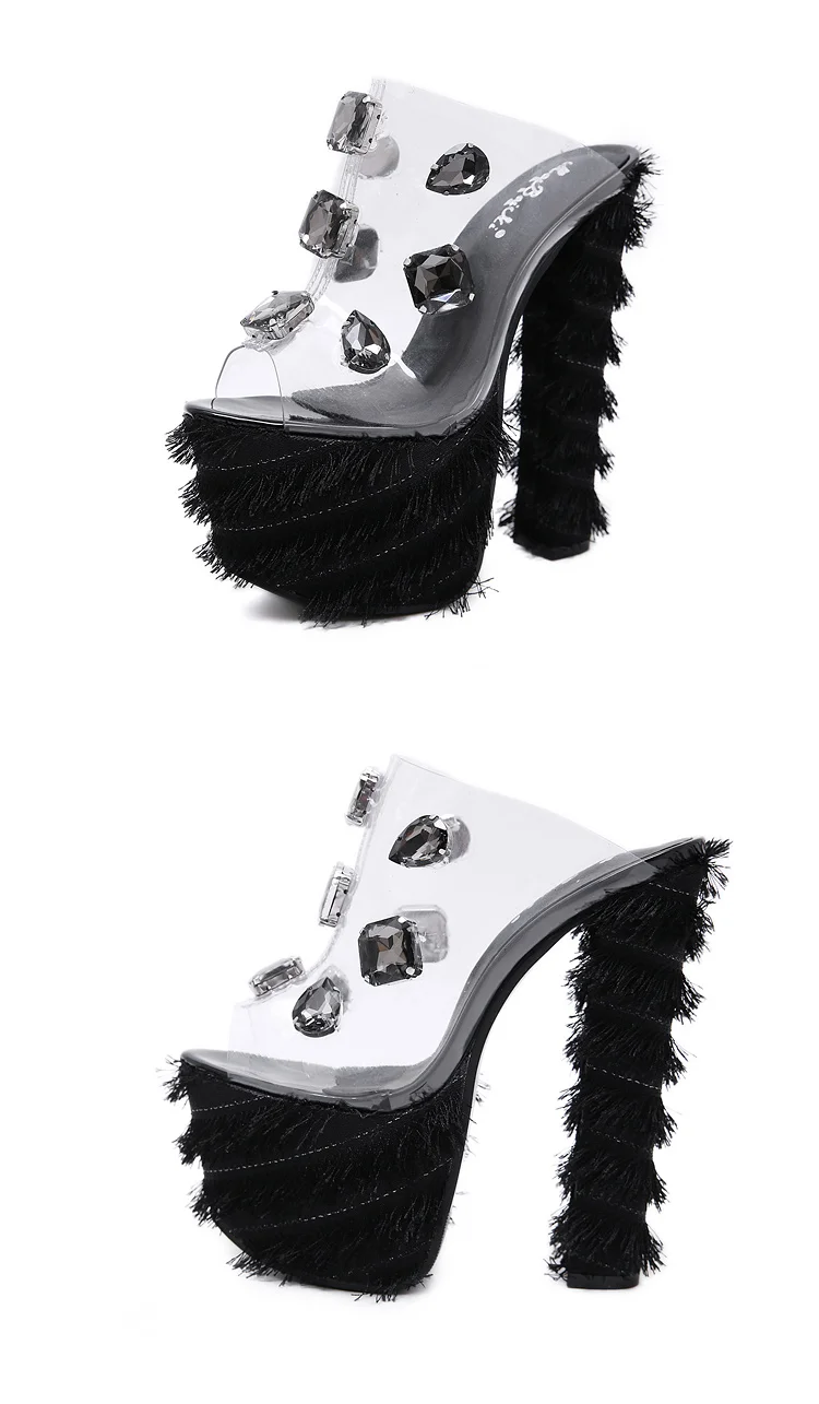 PVC High Heel Sandals Women Faux Fur Sexy Gladiator Sandals Women Thick Heel Transparent Rhinestone Glass Stone Platform Sandal