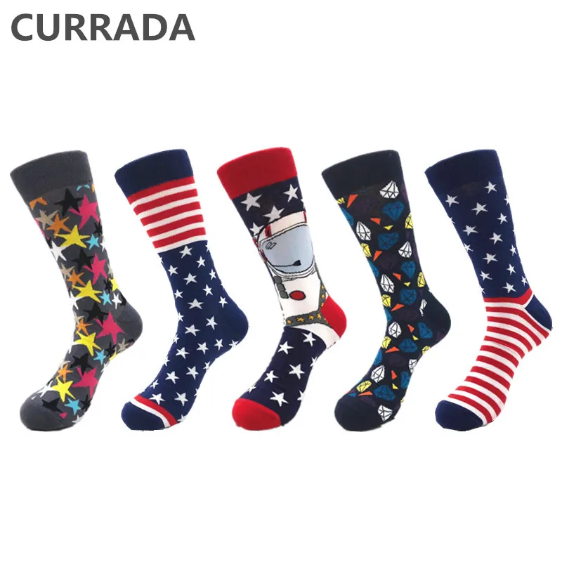 

5pairs/lot Brand Men's Happy Socks Cartoon fashion Casual compression socks Quality Combed Cotton colorful Funny Socks For Gifts