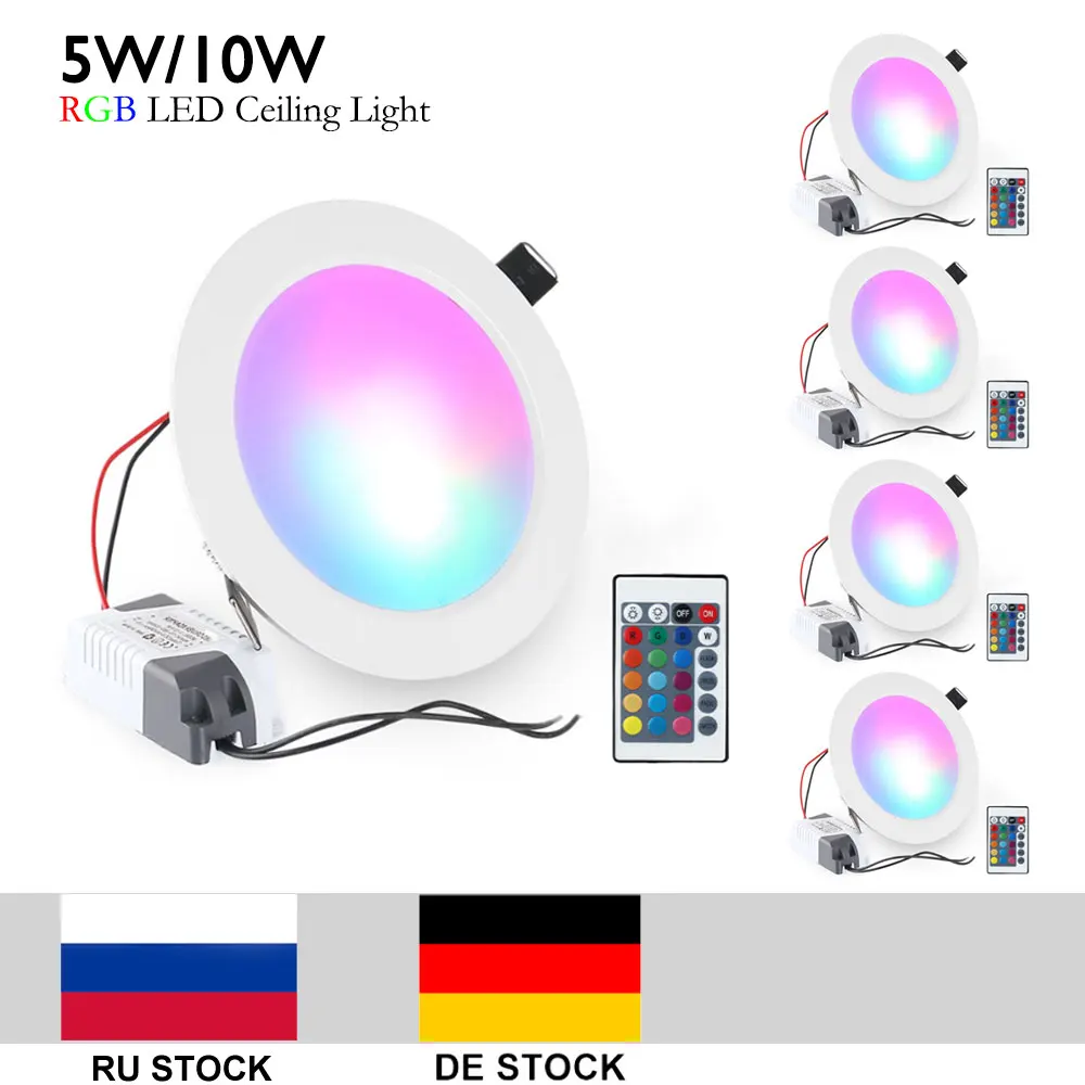 Koop 5 stks partij 5 w 10 w RGB LED Wit Shell Plafondlamp Down Lichten Inbouwspot Lamp Lampen Met Afstandsbediening RGB AC85 265V CE ROHS