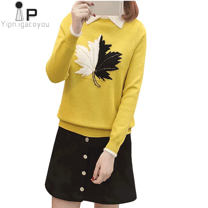 

2020 Fashion Spring Autumn Women Pullover Sweaters Harajuku Maple Leaf Pattern Short Wild Knitted Sweater Jumpers Ladies Tops